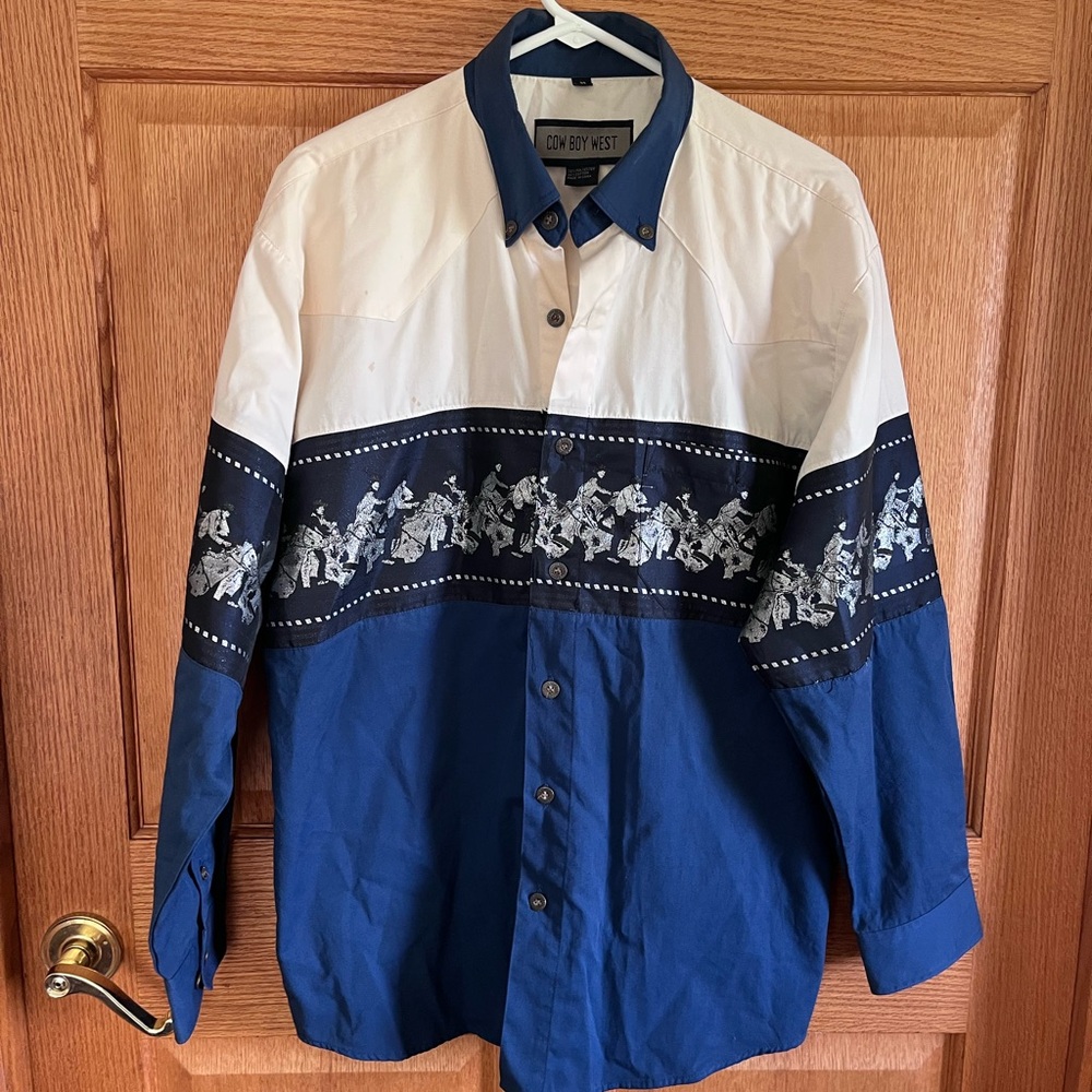 Vintage Cow Boy West metallic horse, and jockey western shirt
